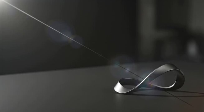 Luxury ambient dark art wallpaper: cinematic slow motion of a matte titanium black ribbon sculpture with extreme negative space, catching a single razor-sharp sunlight shadow 