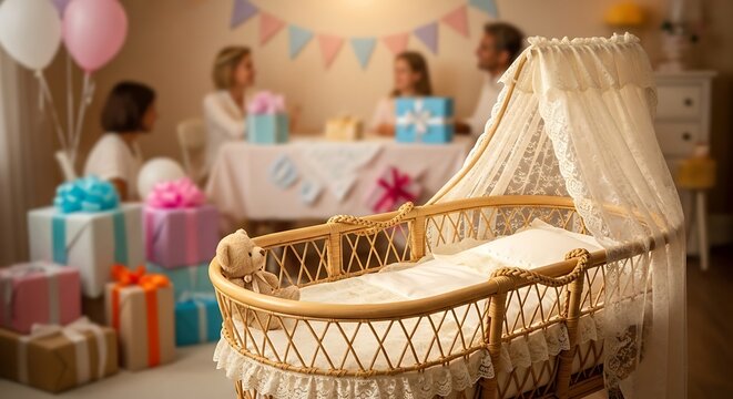 Wicker cradle with lace canopy awaits a newborn baby inside a festive room filled with wrapped presents as family members gather together to celebrate the upcoming birth of their precious child