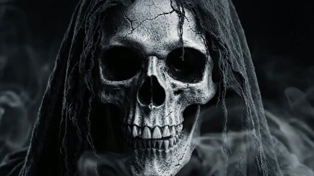Grim reaper skull in dark hood with eerie smoke background, for horror and, halloween themes, skeleton death