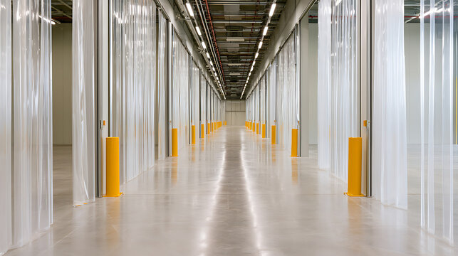 Industrial warehouse interior with long empty hallway, clean concrete floor, clear plastic strip curtains, and bright ceiling lighting