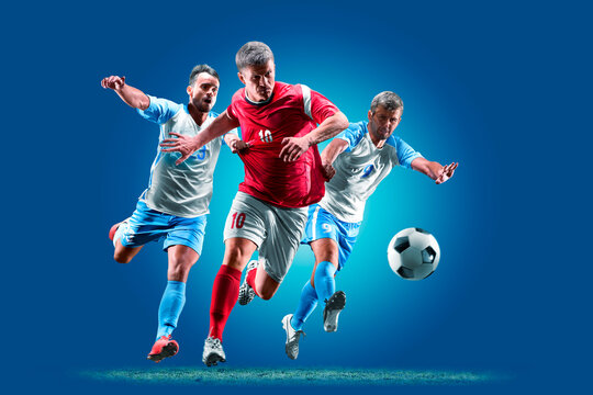 Sports concept. Professional athlete isolated on a blue background. Athlete in action. Sport