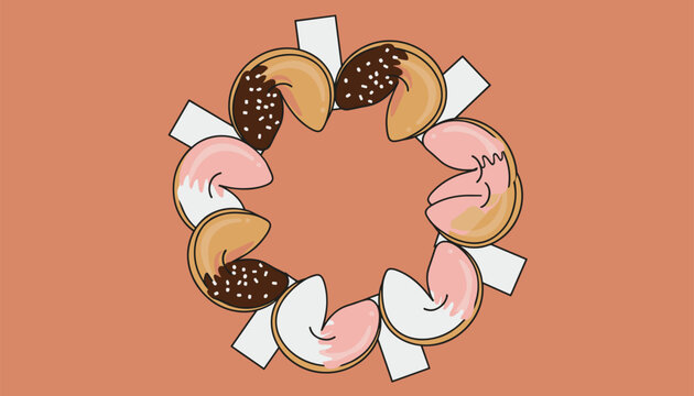 Glazed fortune cookies decorated with sprinkles and arranged in a circular wreath