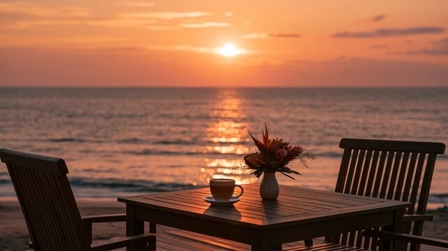 Growth and continuous learning with a peaceful coffee and flowers on a wooden table overlooking a serene ocean sunset