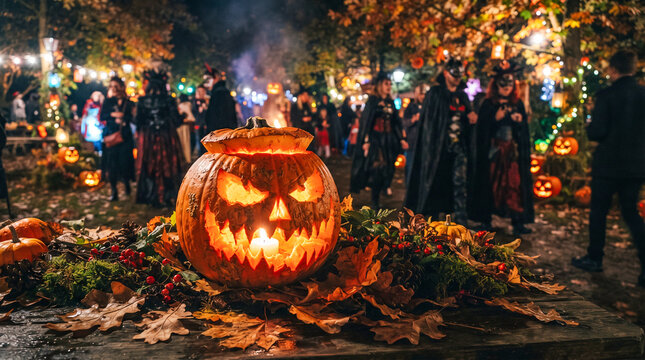 Una calabaza de Halloween tallada y encendida con humo, sobre una mesa con hojas secas, durante una fiesta nocturna con disfraces y luces.