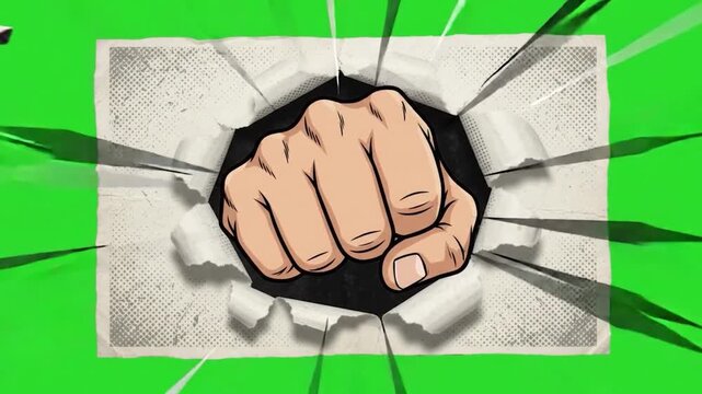 Comic style punching fist breaking paper on green screen dynamic action footage for compositing.