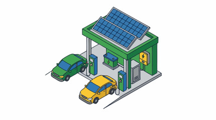 Obraz premium Electric vehicles charging at a modern service station equipped with rooftop photovoltaic panels.