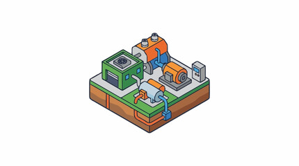 Obraz premium Industrial machinery block featuring boilers and engines on a raised platform design.