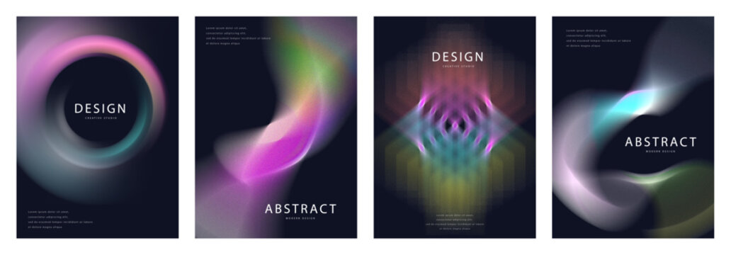 modern poster grainy gradient spectrum holographic noise cover templates on dark background, abstract iridescent design set for tech presentation, corporate report and business brochure