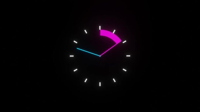 Glowing neon clock animation with hand pointer rotation and filling pink progress ring on dark background