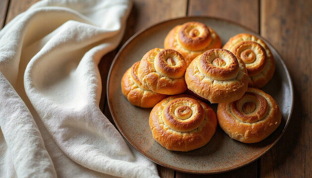 Freshly baked golden brioche buns on ceramic plate with linen napkin on rustic wooden table