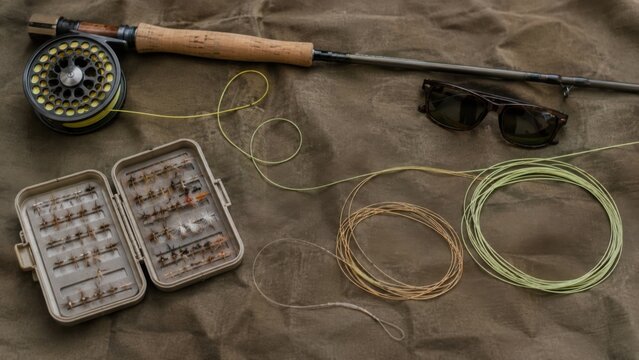 Fly fishing gear including a fishing rod, reel, sunglasses, and a box of flies arranged on a textured surface, ready for outdoor fishing adventure