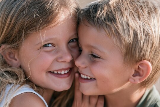 Two siblings whispering secrets with mischievous grins in natural light