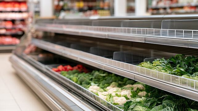 Empty shelves in a grocery store produce section with scarce fresh vegetables in the bottom tier representing supply chain issues and scarcity