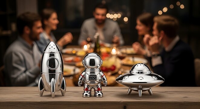 Small silver metal rocket ship and tiny astronaut figurine with flying saucer toy displayed on wooden surface before group of friends laughing and enjoying delicious evening dinner together at