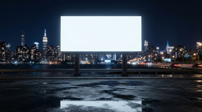 An illuminated blank billboard set against a blurred city skyline at night.