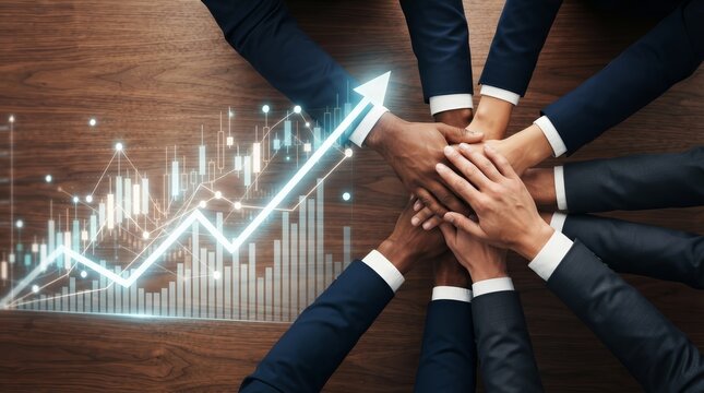 A team of diverse professionals joining hands to show unity and successful financial growth.