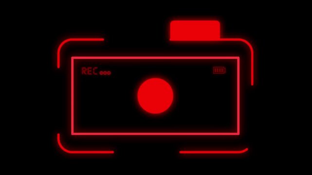 Red camera neon icon glowing on black background simulating interface of digital recording device.