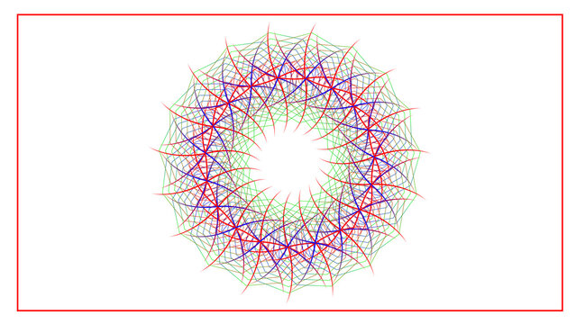 Abstract circular spirograph pattern of red blue and green lines for creative decorative design.