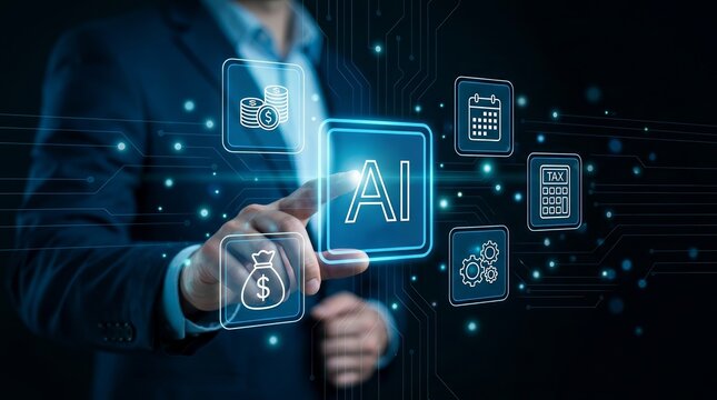 A digital interface showing AI-powered financial management with money, tax, and time analysis icons.