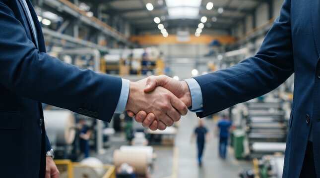 Industrial agreement reached as two men in suits shake hands in a production facility.