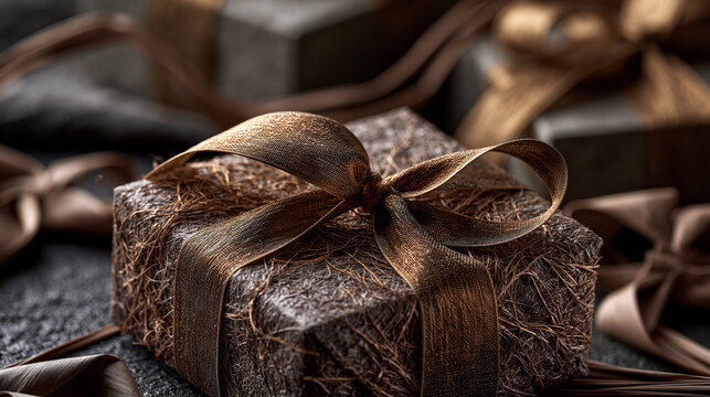 AI generator images of premium handmade gift box wrapped with Thai Saa paper, gift box is wrapped in handmade-style natural paper made from plant fibers. natural fibers, elegant ribbon, eco-friendly 