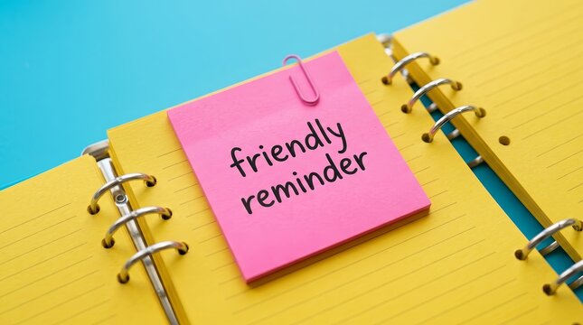 A pink sticky note with a friendly reminder sits on a yellow notepad in a desk setting.