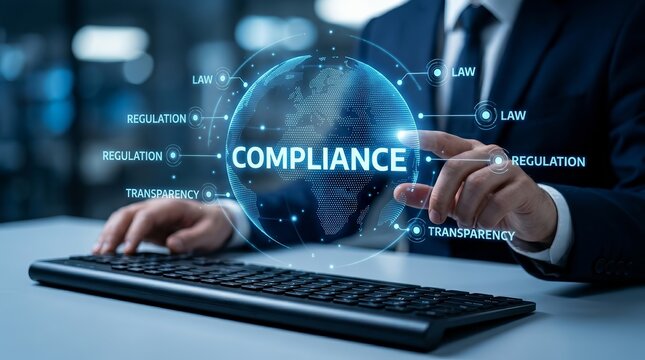 Business person managing corporate compliance, standards, and legal requirements via digital technology.