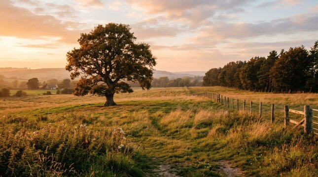 A solitary oak tree stands in a golden meadow during a calm late afternoon sunset with grows middle grassy grassy field wooden wooden fence with under soft sunset