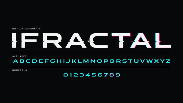A stylized fractal typeface presents a glitch effect with accompanying alphabet and numerals font digital distortion lettering characters typography
