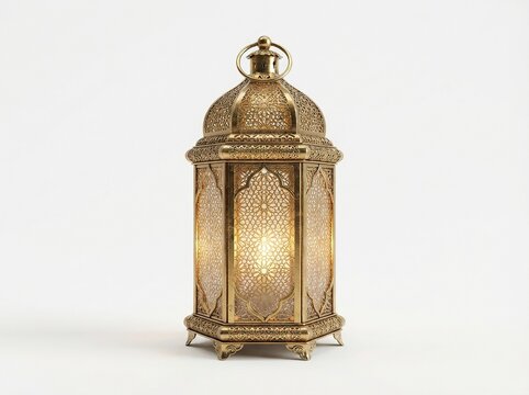 Ornate golden moroccan style lantern with intricate metal filigree patterns and warm glowing light, isolated on white background