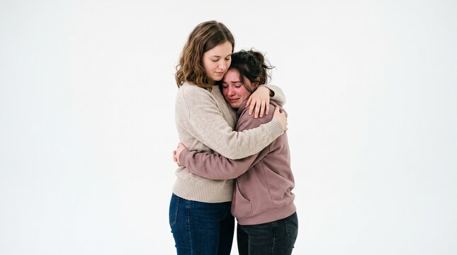 Woman comforting crying friend with a hug on white background