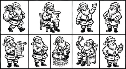 Fototapeta premium A collection of vintage black and white line art illustrations featuring various poses of santa claus for christmas