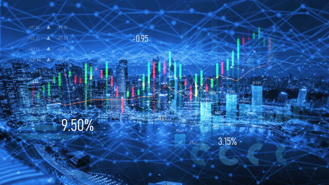 Nighttime city skyline showcases glowing financial data and stock market graphs, representing growth trends and digital connections in modern finance. Scalp