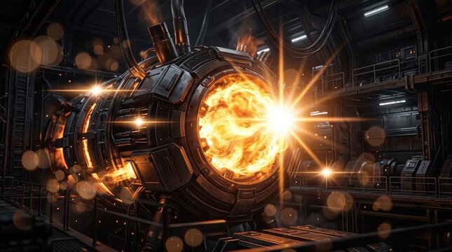Futuristic Fusion Reactor Core with Glowing Energy in Industrial Hangar