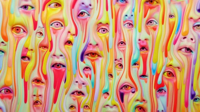 Slow motion panning shot of colorful melting faces dripping paint down mural wall in gallery installation