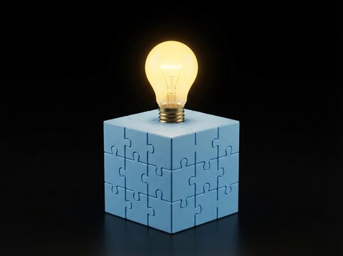 A glowing light bulb sitting on top of a blue puzzle cube against a black background, representing innovation and problem solving