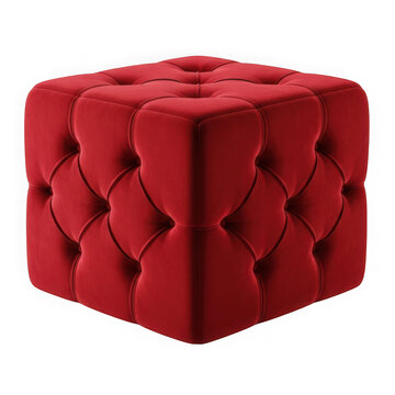 A soft red velvet square ottoman footstool with a classic tufted button design for home decor isolated on transparent background , PNG
