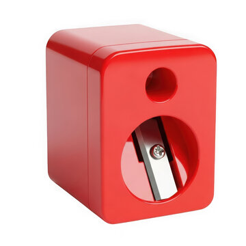 A small red pencil sharpener with a metal blade for sharpening wooden pencils at school desk isolated on transparent background , PNG