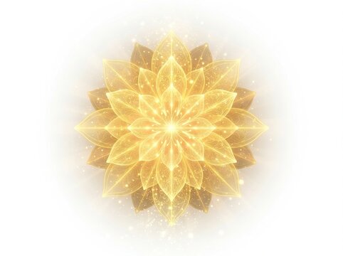 Glowing golden mandala flower with intricate petal patterns and sparkling light particles, isolated on white background