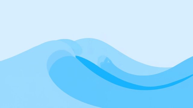 Slow motion tracking pan of ocean waves rolling and cresting across stylized sea background with flat blue gradients and minimal daytime lighting