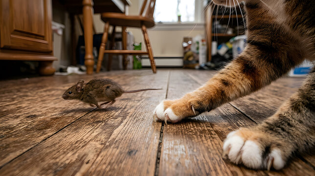 and mouse chase action scene inside a cozy old home