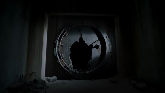 Slow dolly in of damaged circular metal hatch with large hole in abandoned underground bunker corridor interior revealing dark ruined entrance