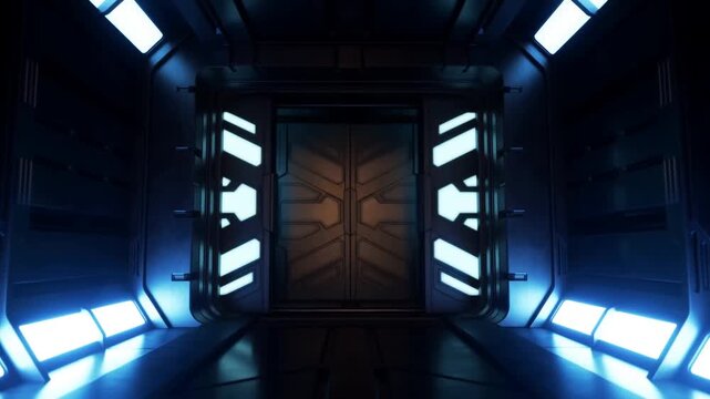 Tracking shot of futuristic spaceship corridor approaching illuminated airlock door inside interior module