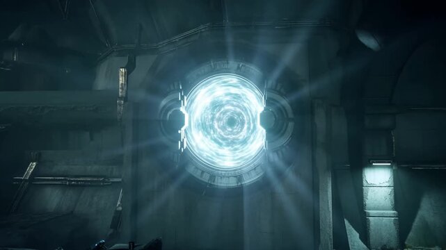 Static shot of circular energy portal activating and expanding on concrete wall inside underground industrial facility chamber