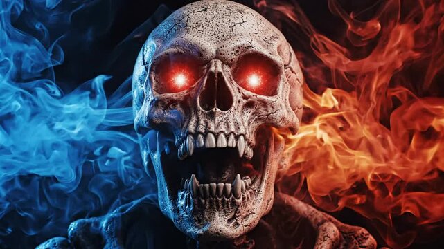 Human skull with glowing red eyes surrounded by swirling blue and orange smoke, dark fantasy horror concept