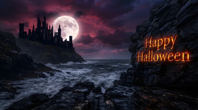 Happy halloween greeting with a spooky dark castle silhouette and a glowing full moon at night