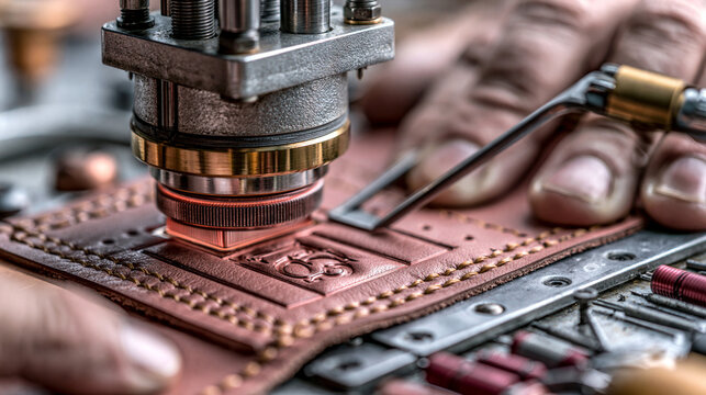 AI generator images of Professional leather artisan embossing a blank logo onto genuine leather using a heated hot foil stamping machine, luxury leather workshop, close-up of precision craftsmanship, 