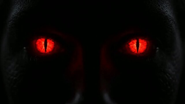 Close-up of glowing red reptilian eyes in darkness, sinister demon or monster gaze, supernatural horror concept for thriller and fantasy projects