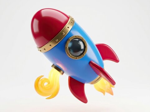 3d cartoon rocket ship with red nose cone and fins, blue body, and glowing yellow fire exhaust, isolated on white background