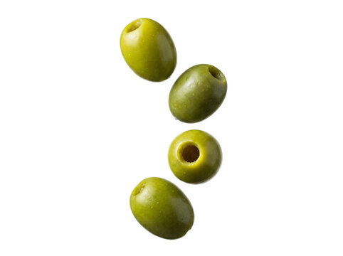 Fresh green pitted olives floating in a vertical line display bright vibrant lighting and detailed organic texture on transparent background